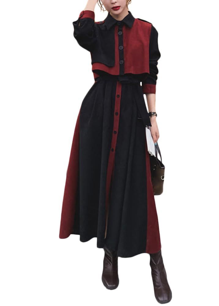 Size XL_Color ブラック|レッド Ｍｉｎｅｓａｍ ロングワンピース レディース シャツワンピース 長袖 ミモレ丈 ワンピース Aライン 体型カバー バイ 切り替え 春秋 おしゃれ カジュアル 通勤 ブラック＆レッド XL
