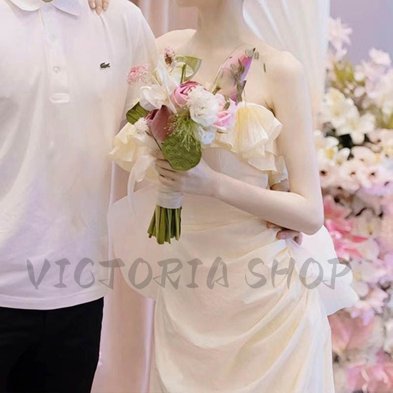 ウェディングドレス 花嫁 二次会 ウエディングドレス 結婚式 ロングドレス ライトドレス クリーム オフショルダー フリル タイト 細身 挙式 前撮り 披露宴 ブライダル MAAHADDERANG_COM