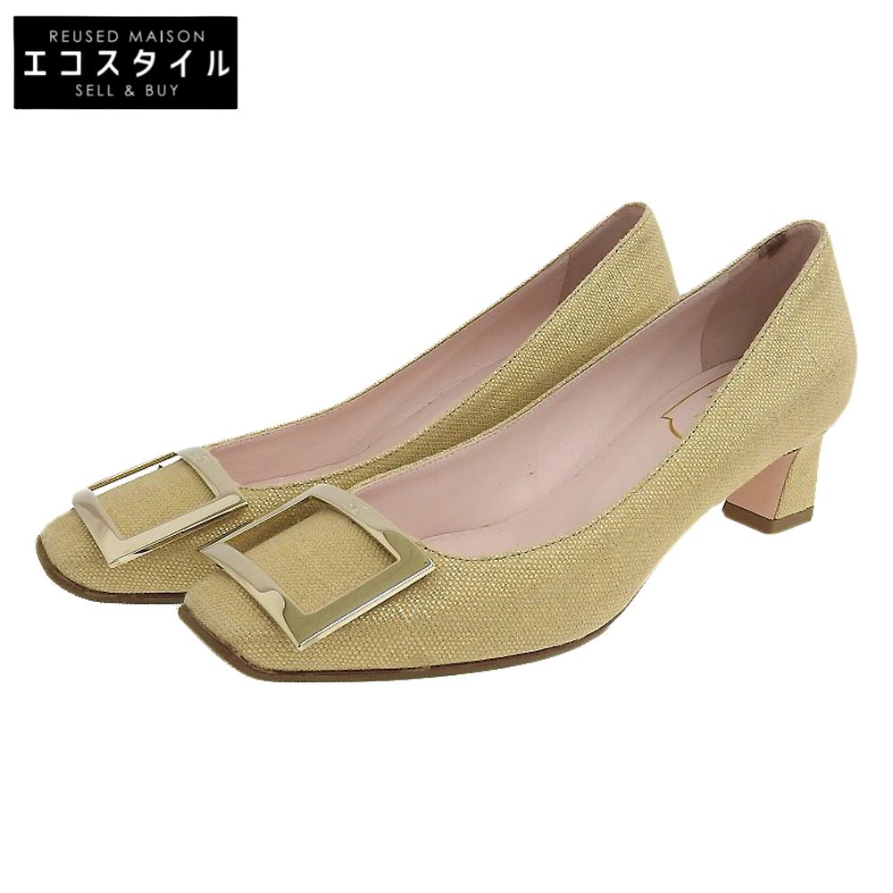 Roger Vivier ロジェヴィヴィエ スクエアメタルバックル キャンバス スクエアトゥ チャンキーヒール パンプス ベージュ×ゴールド 36 36