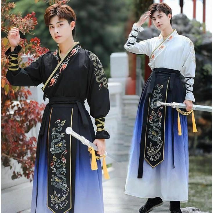 ♥ ハロウィン チャイナ服 メンズ 漢服 中華服 グラデーション 中華コスプレ衣装 長袖 上下2点セット 3点セット 龍刺しゅう 男性用 カン CS00913BJ