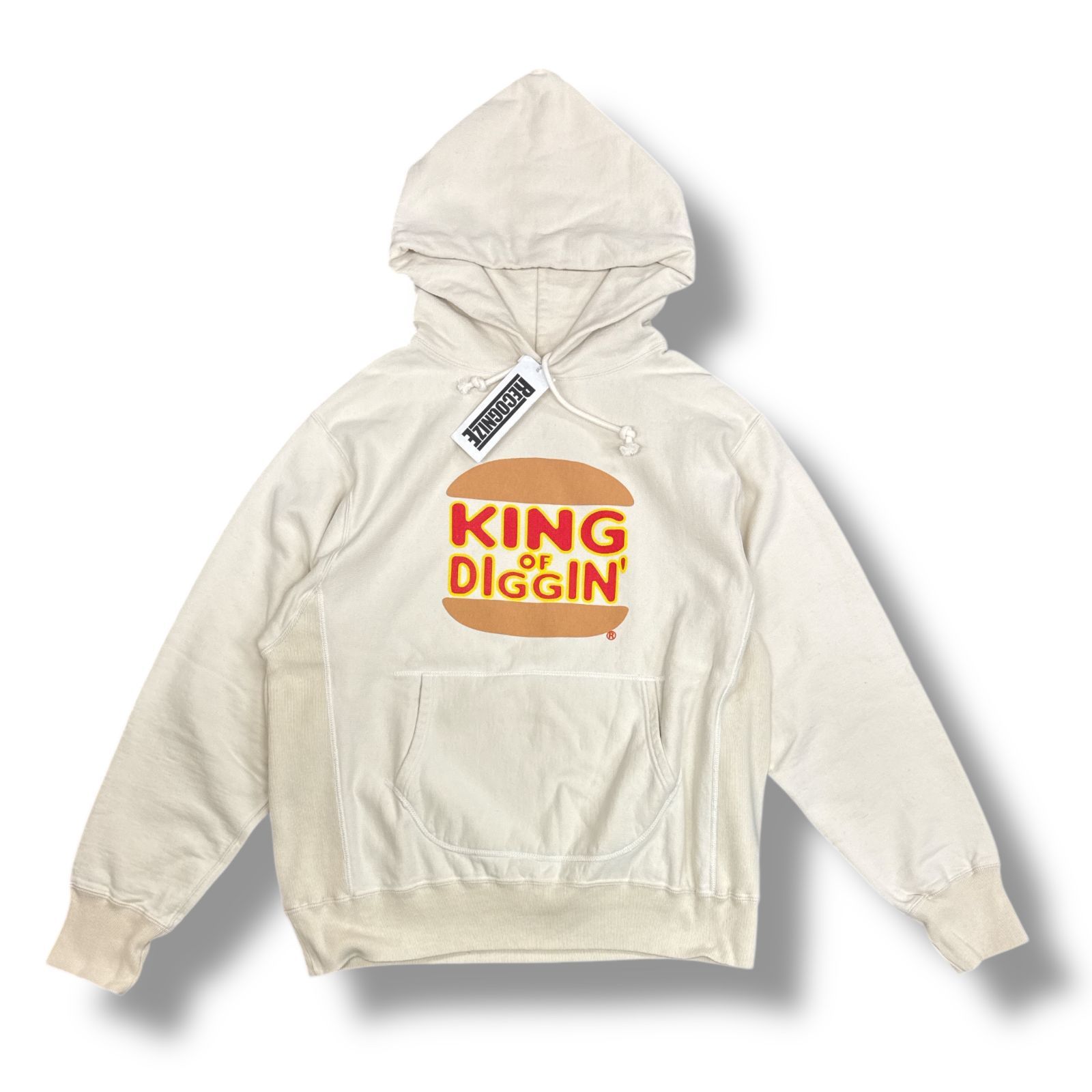 未使用品 RECOGNIZE KOD HOODIE ハンバーガー プリント スウェット パーカー レコグナイズ RCG2303-KH M ベージュ 82685A2