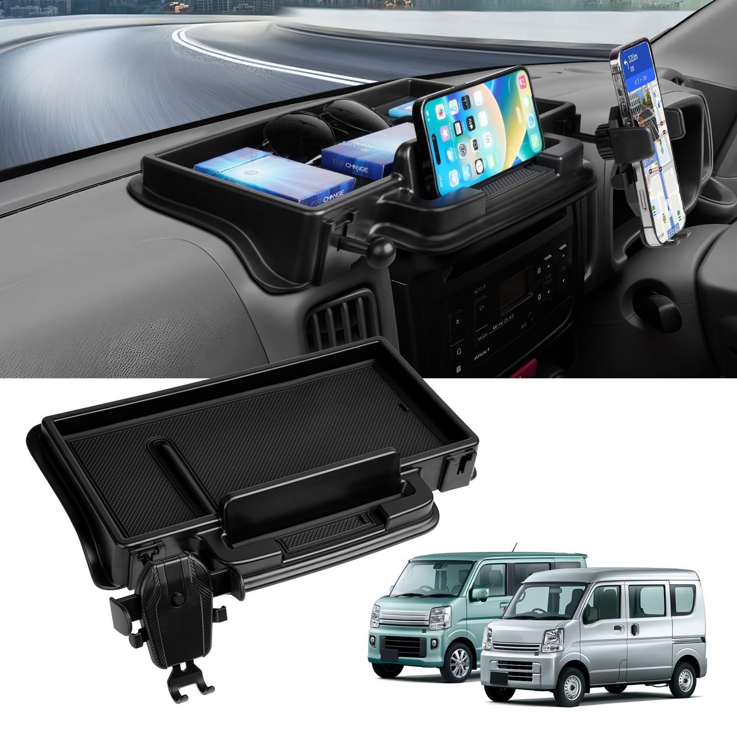 【人気商品】ダッシュボードトレイ 車内収納ボックス 3Dトレイ da17v スマホホルダー付き 小物入れ da17w 車種専用 収納トレイ 滑り止め エブリィワゴン ラバーマット付き 内装 パーツ LIMSTYLE 