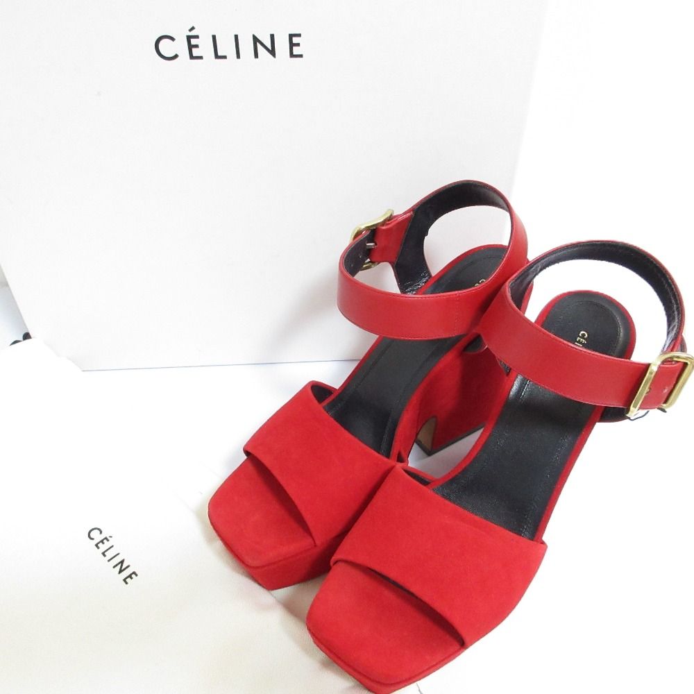CELINE セリーヌ フィービー期 アンクルストラップ スエード チャンキーヒール サンダル サイズ36 約23cm レッド レディース 古着