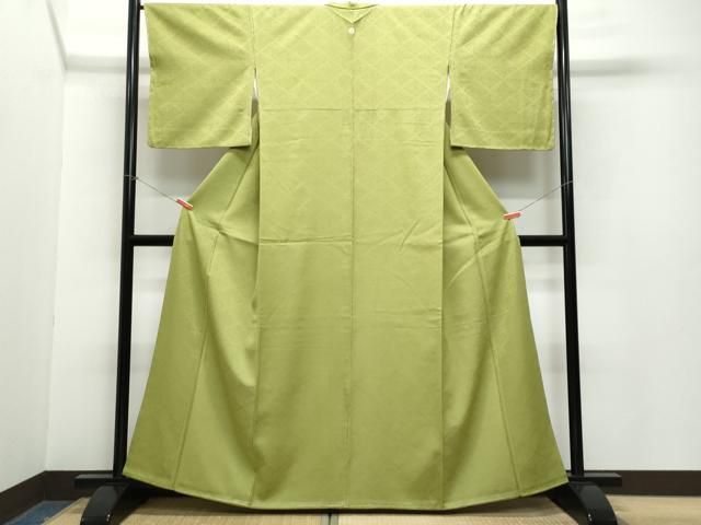 平和屋着物●上質な色無地 花唐草地紋 鶯色 正絹 ♥ CAAZ1078vf