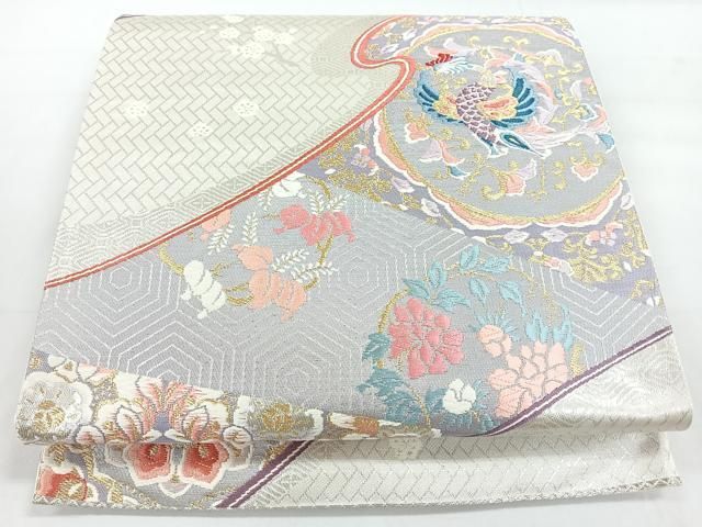 袋帯 銀通し 金彩 手描き 鳳凰 鳥 桐 正絹 六通 Q1166 袋帯 美しい華柄模様 鳳凰 煌びやかな金銀彩 フォーマル O-4169