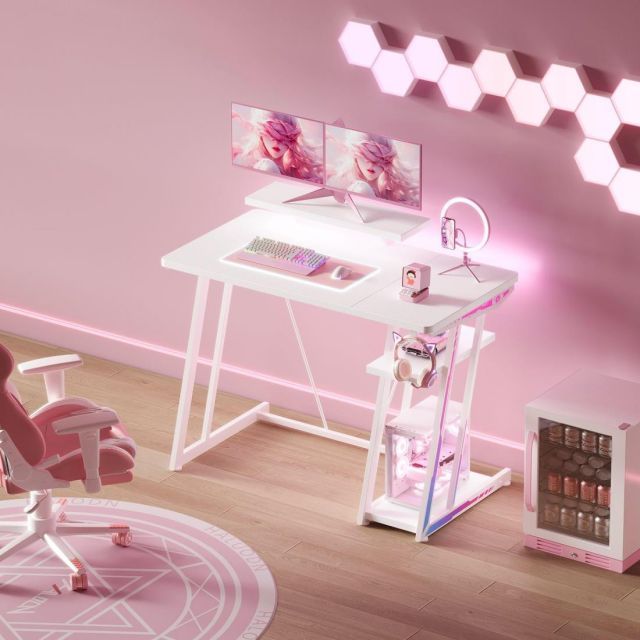 YeTom ゲーミングデスク 100cm 2段収納棚付き 高さ調整 カーボン製ゲームデスク 60cmモニター支架 eスポーツ|在宅ワーク対応 ホワイト