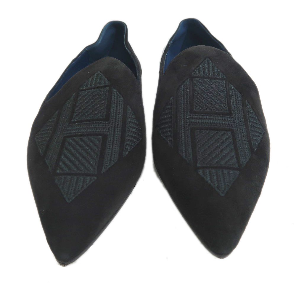 名東】エルメス フラットパンプス 37 ブラック グレー スエード