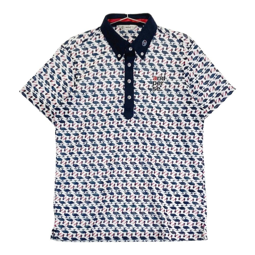 サイズ：L AND PER SE アンパスィ  半袖ポロシャツ ボタンダウン ストライプ柄 ブルー系 [240101427800] ゴルフウェア メンズ ストスト サイズ：L AND PER SE アンパスィ 半袖ポロシャツ ボタンダウン