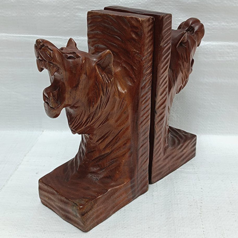 ヴィンテージ 木製 ハンドメイド木彫り ライオンブックエンド