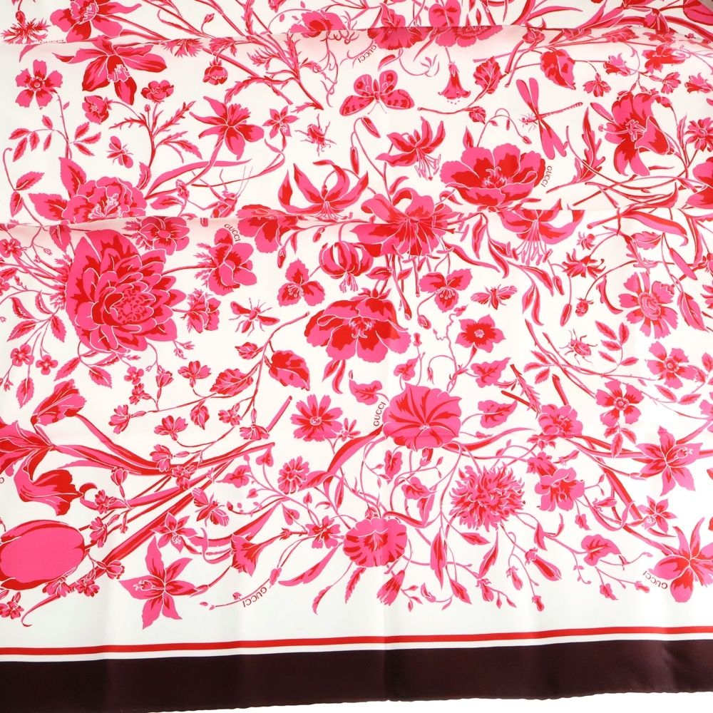 GUCCI (グッチ) GGフローラ 大判スカーフ ピンク×ホワイト シルク