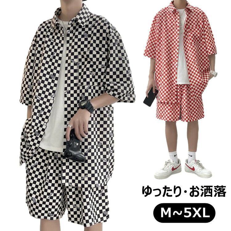 チェック柄 半袖Tシャツ 短パン セットアップ チェック柄 セットアップ メンズ 半袖 上下セット ゆったり t