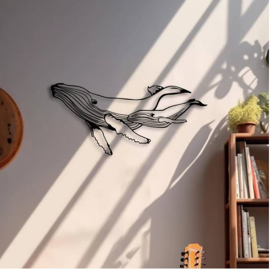 アートデコ クジラメタルウォールスカルプチャー 40cm x 18.4cm アイアンブルー クジラウォールアート オーシャンラインアートデコール 屋内 屋外 パティオ バルコニー ノーティカルファミリークジラ壁画 エレガント 吊り下げオーナメント ギフト