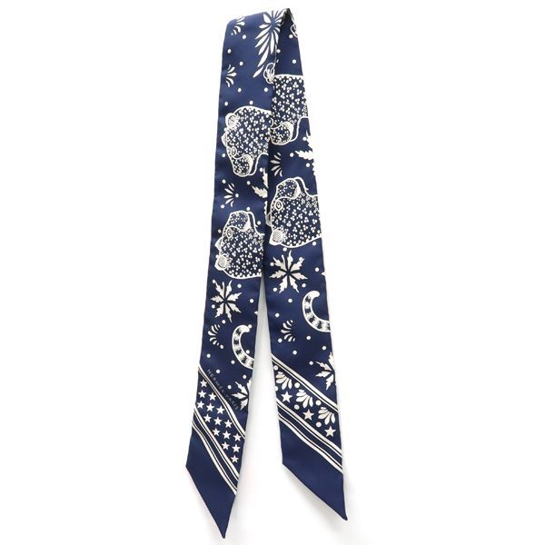 美品エルメスツイリーレオパード・バンダナネイビー HERMESエルメス ツイリー レオパードバンダナ モノクロカラーシルク