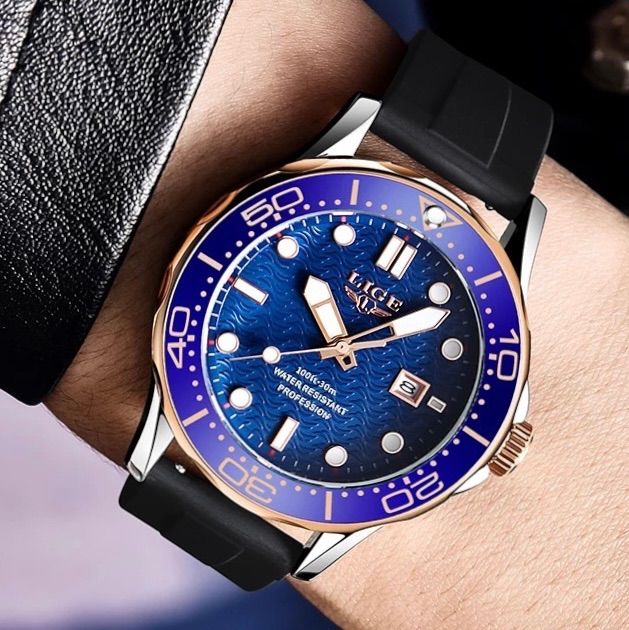 新品 LIGE スポーツオマージュウォッチ メンズ腕時計 ブラック＆ゴールドST