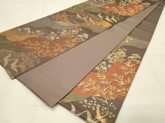 平和屋着物◎六通柄袋帯 ふくれ織 草花文 正絹 逸品 BAAM3376cm