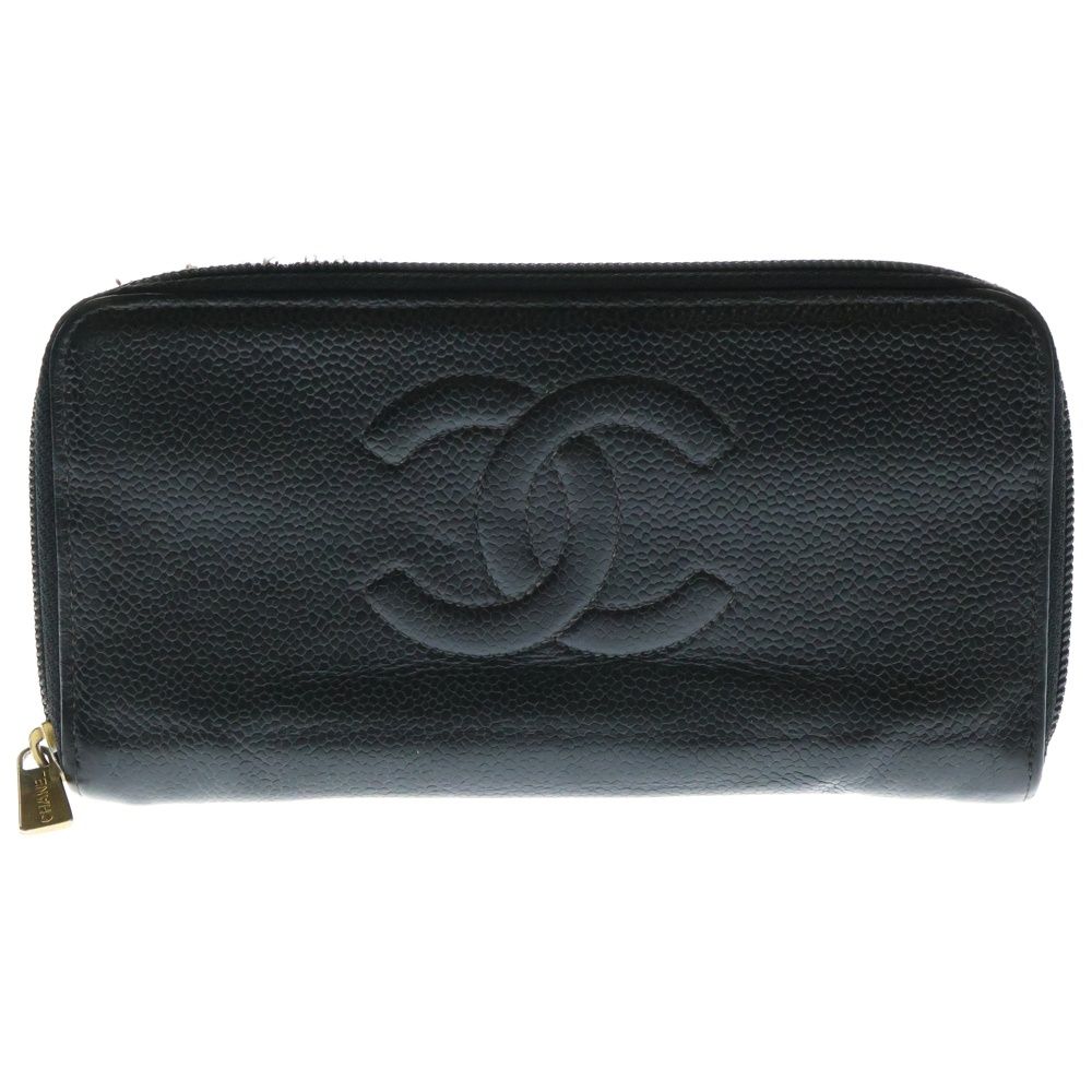 CHANEL 長財布 黒 レザー キャビアスキン　ココマーク CHANEL シャネル 長財布 ココマーク キャビアスキン レザー