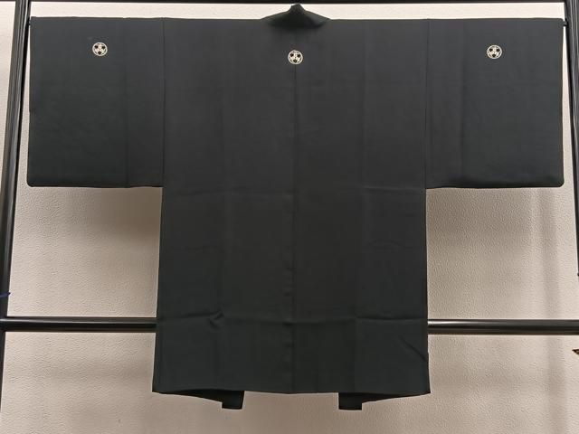 平和屋着物＃男性 長羽織 黒紋付 羽裏 動物丸文 正絹 gt