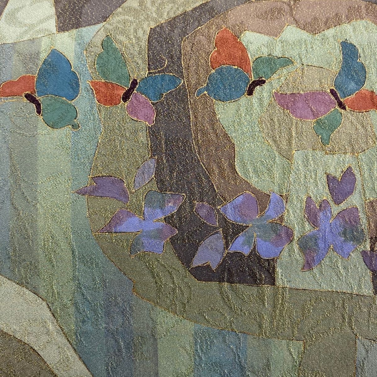 袋帯 秀品 落款 関西仕立て 蝶々 花 金糸 金彩 灰緑 お太鼓柄 正絹