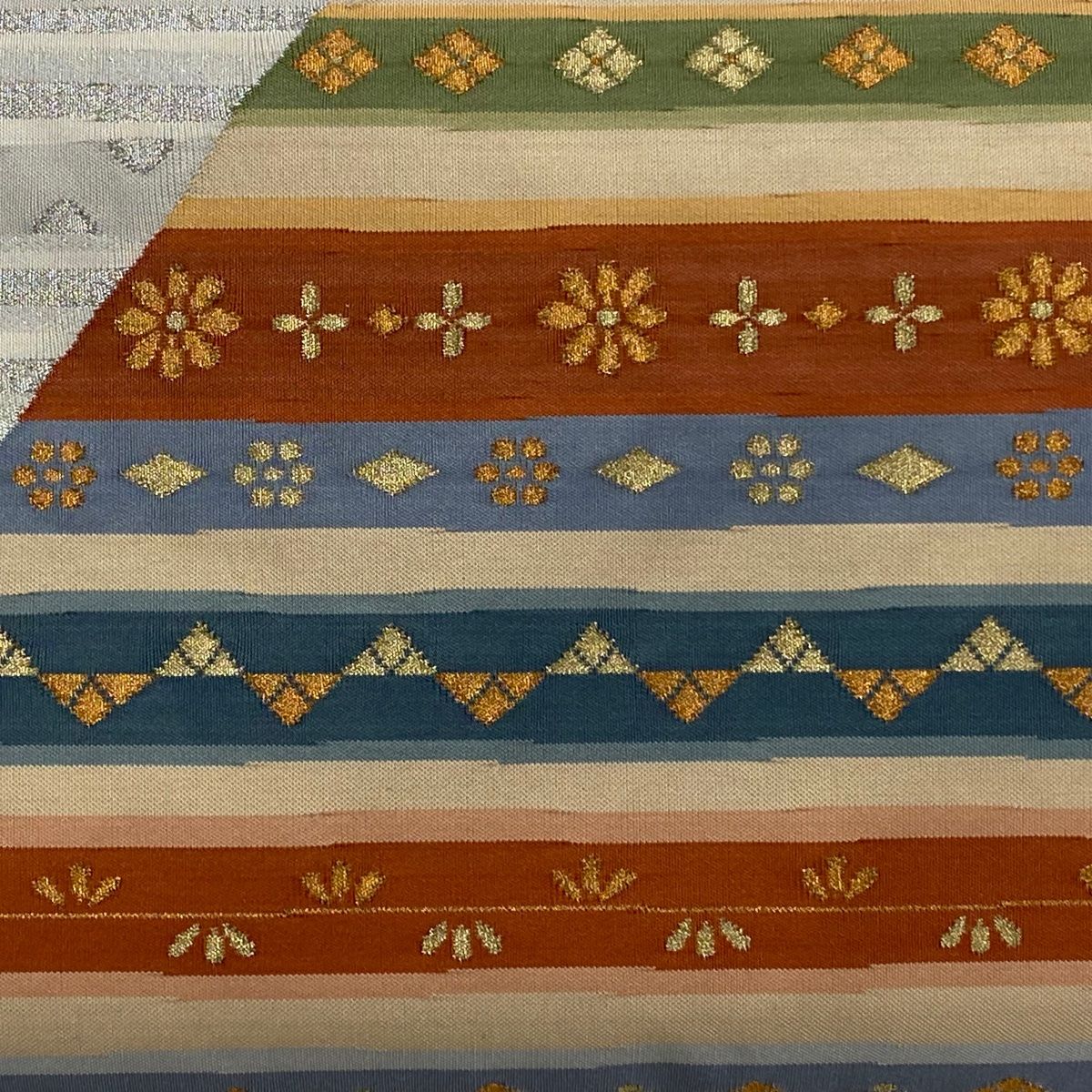 付け帯 秀品 作り帯 花 縞模様 金銀糸 ベージュ 正絹