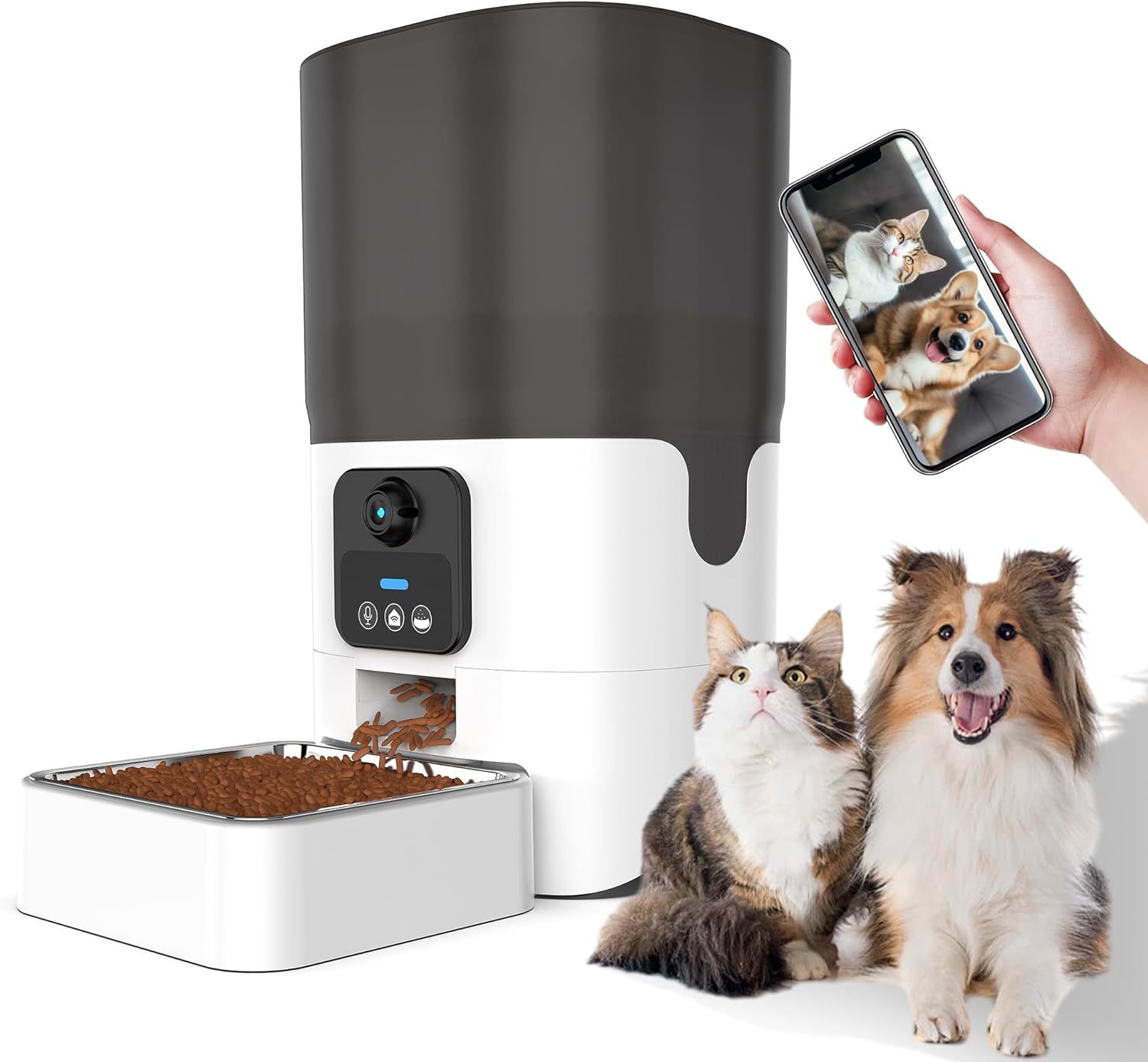 Snowon 自動給餌器 カメラ付き 猫 中小型犬用 1080P ビデオ タイマー機能 音声録音 6L容量 手動給餌 自動餌やり機 ステンレス皿 操作簡単 お手入れ簡単 1日20食最大 日本語説明書 ホワイト