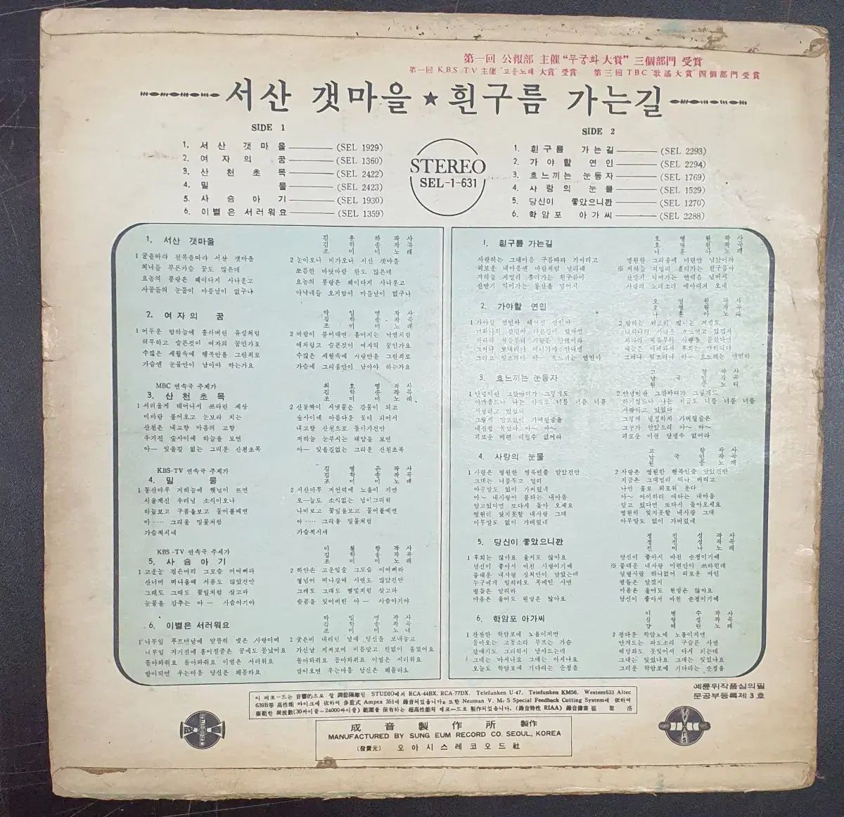 脱力の 조미미나훈아 西山海辺の村 白い雲の行く道 lp