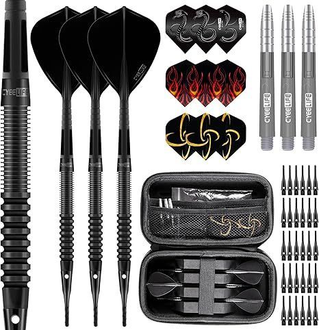 CyeeLifeプロフェッショナルタングステン合金ソフトチップダーツセット，18 g、統合ダーツ飛行3つとシャフト30つの追加ダーツチップ9つの飛行3つのPCシャフト1つの電子ダーツボードダーツバッグ付き，ギフトセット