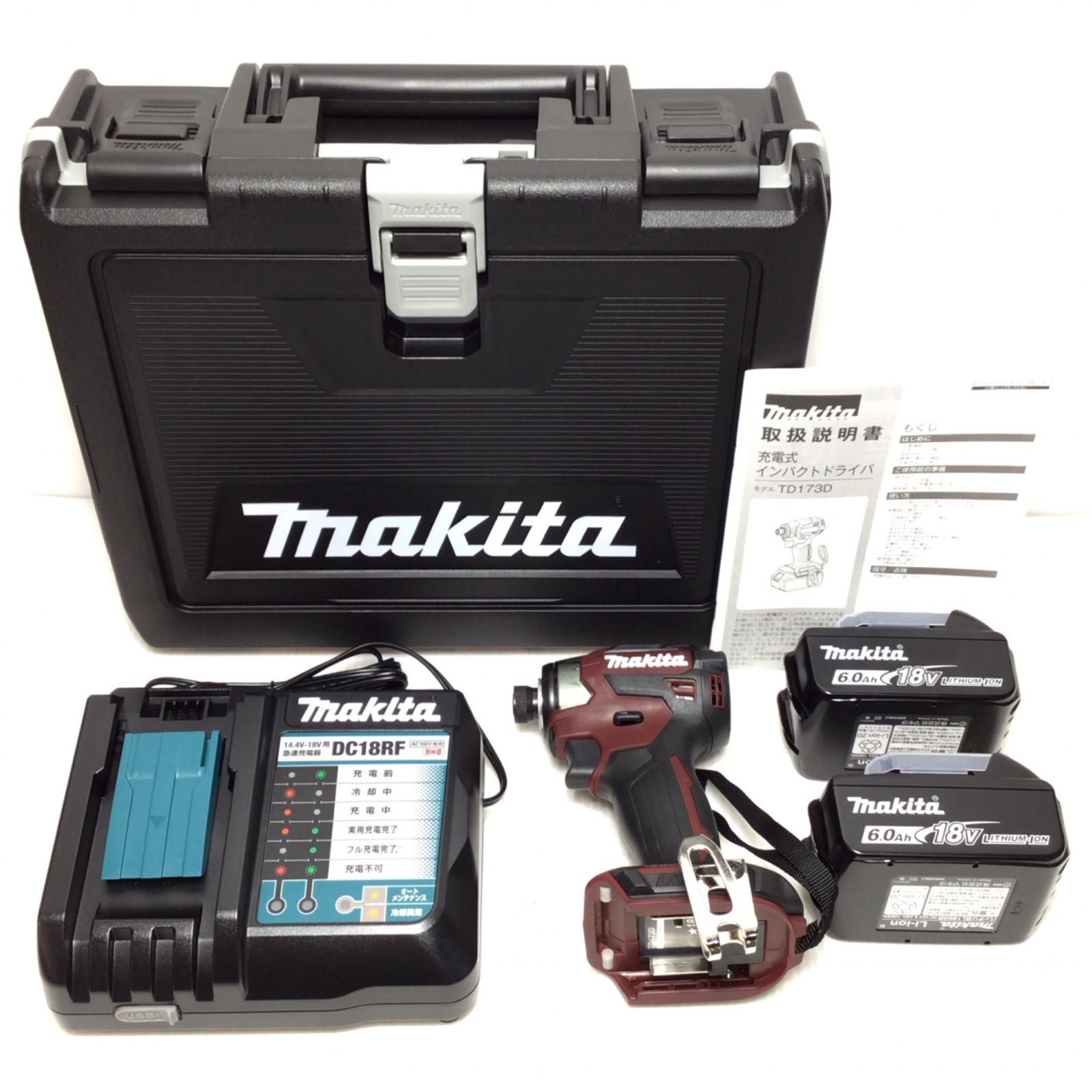 ΘΘMAKITA マキタ 締め付け工具 インパクトドライバ ♥品 S 充電器 充電池2個 ケース付 コードレス式 18v 色 TD173DGXAR レッド