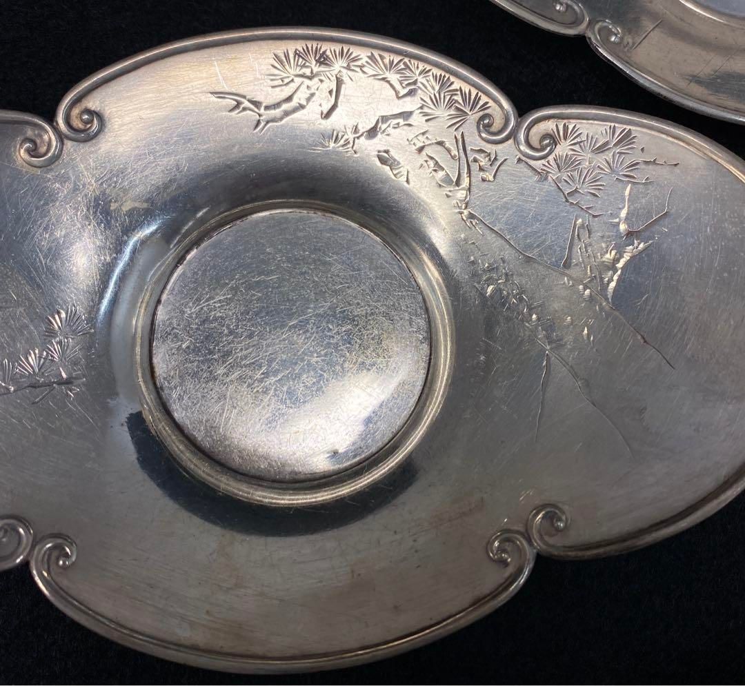 極上手　在銘純銀茶托5客　箱付311g/横幅13㎝　東Y6-0402☆2Fトウチ 極上手 在銘純銀茶托5客 箱付311g/横幅13㎝ 東Y6-0402☆2Fトウチ