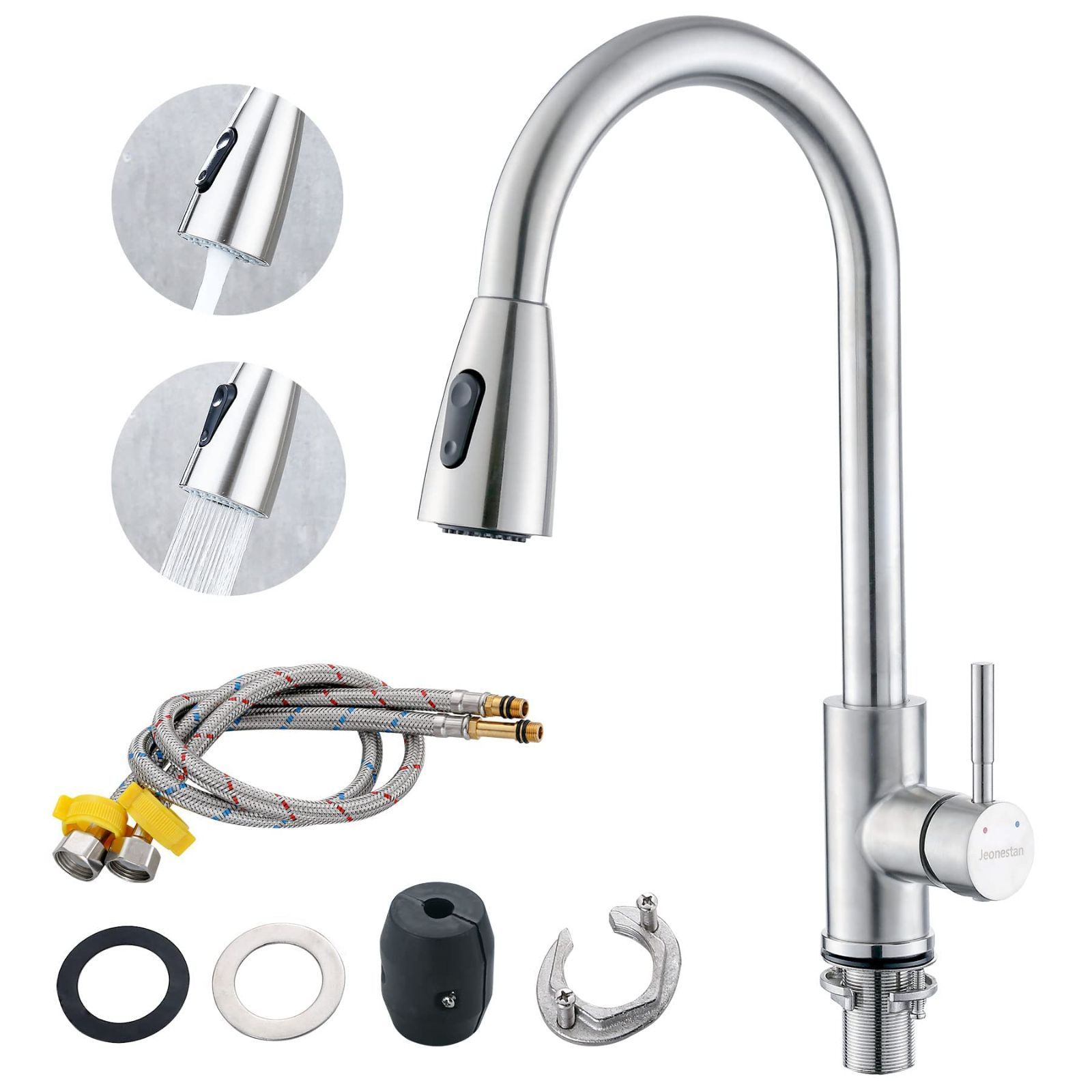 【新着商品】jeonestan キッチン水栓 伸縮 ホース引き出し式 ワンホール シングルレバー混合水栓 冷温切り替え キッチン 蛇口 シャワー 360度回転 泡沫水流 節水 ステンレス鋼 水道 蛇口 台所用 (シルバー)