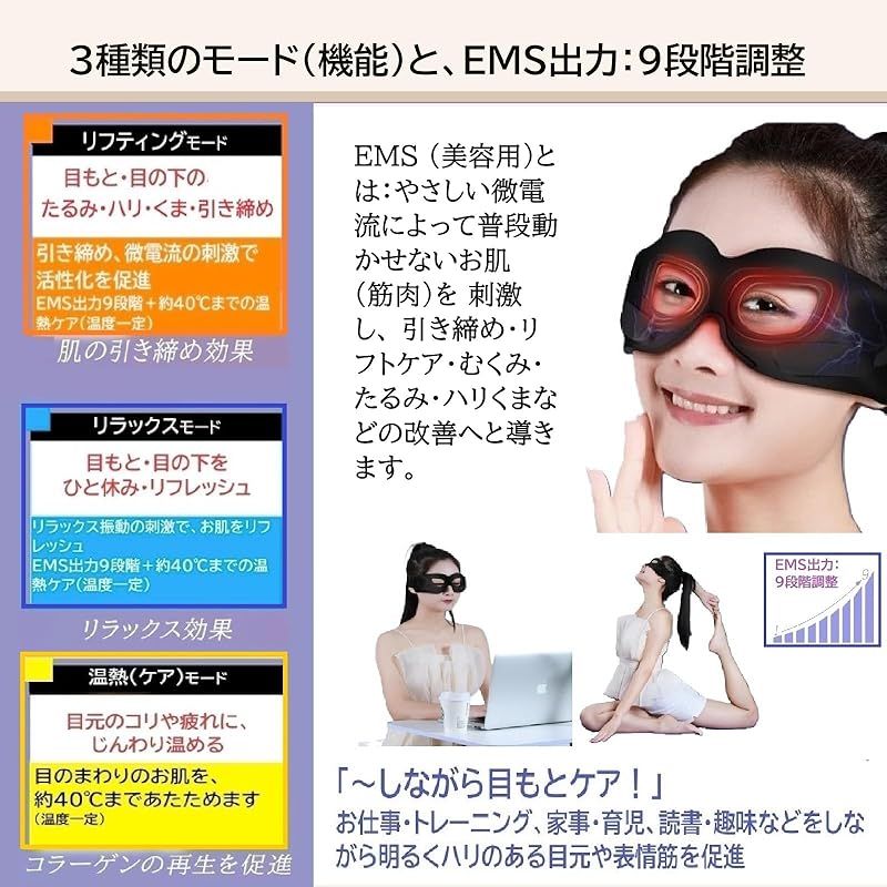 ベルファモ 目元美顔器 ems 充電式 美顔器 目元エステ 目の下 目元ケア 温熱ケア ems美顔器 emsマスク 目もとケア アイケア USB充電式美顔器  美顔器超音波 ems アイマスク 男女共有 リモコン 京都店 BERU005 1 - メルカリ