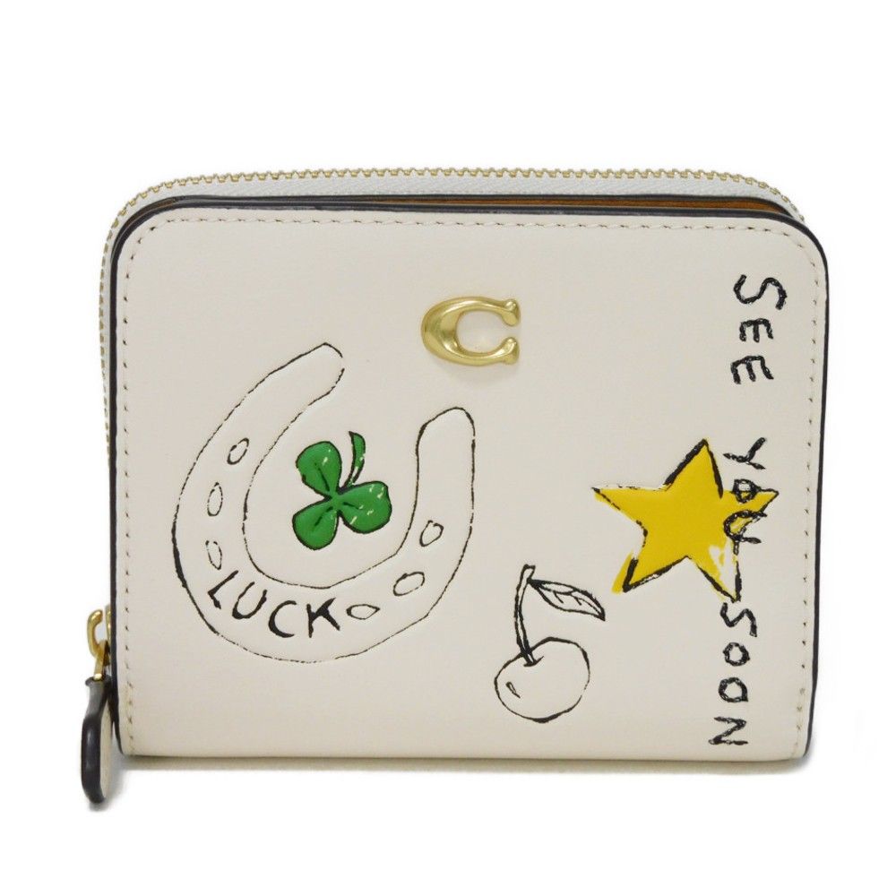 COACH コーチ エッセンシャル ビルフォールド ウォレット 現行 Cマーク ロゴ クローバー スター リファインド カーフ ブラス アイボリー ブラウン 札入れ カードケース コインケース スケッチプリント チョーク 二つ折り財布 CAN71