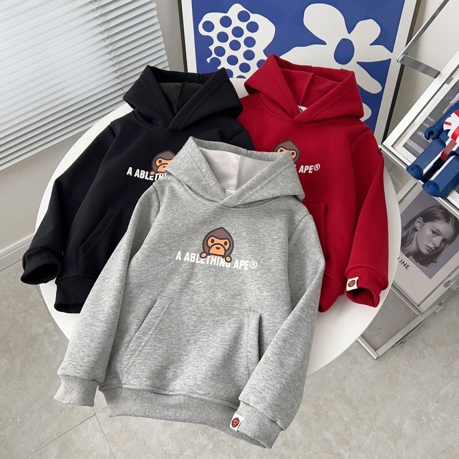 新品 子供用 秋冬 ベルベットパーカー フード付き スウェットシャツ 男女兼用 暖かい トップス アウター 厚手 室内着 猿プリント A APE 防寒対策 キッズファッション kkk