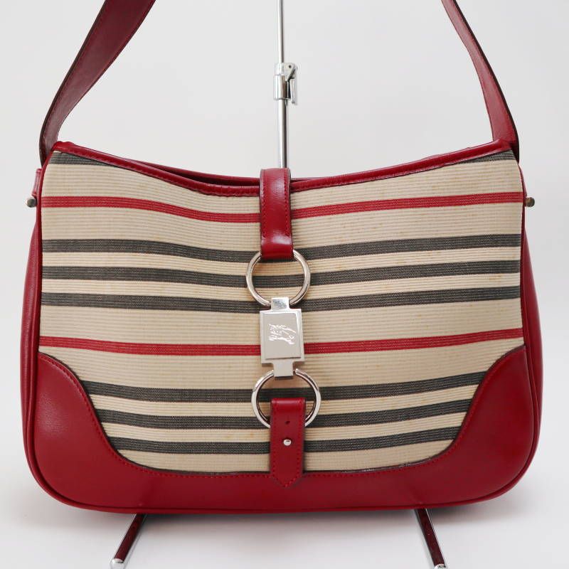 バーバリー ストライプ キャンバス ショルダーバッグ ナナメ掛け 黒