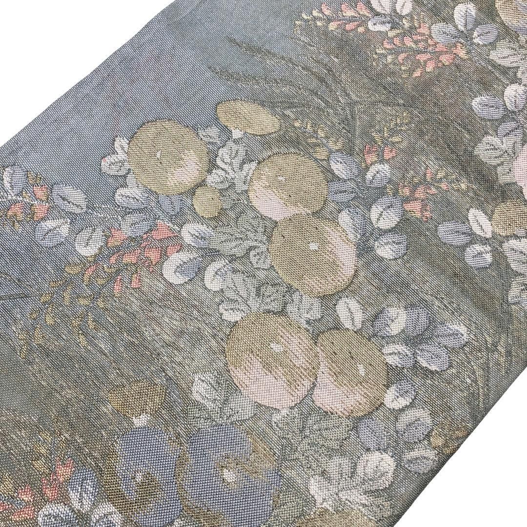 MO-3376 夏帯 袋帯 紗 萩の花模様 銀糸 乳白色 夏帯 袋帯 紗 万寿菊 萩 金糸 裏葉色 O-5186 - メルカリ
