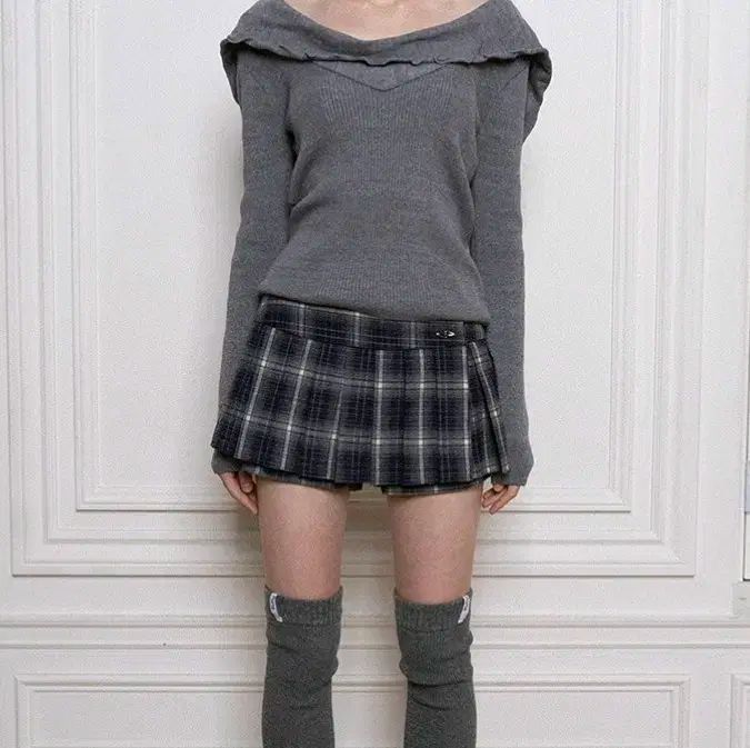 ポルタ チェック プリーツ スカート ネイビー