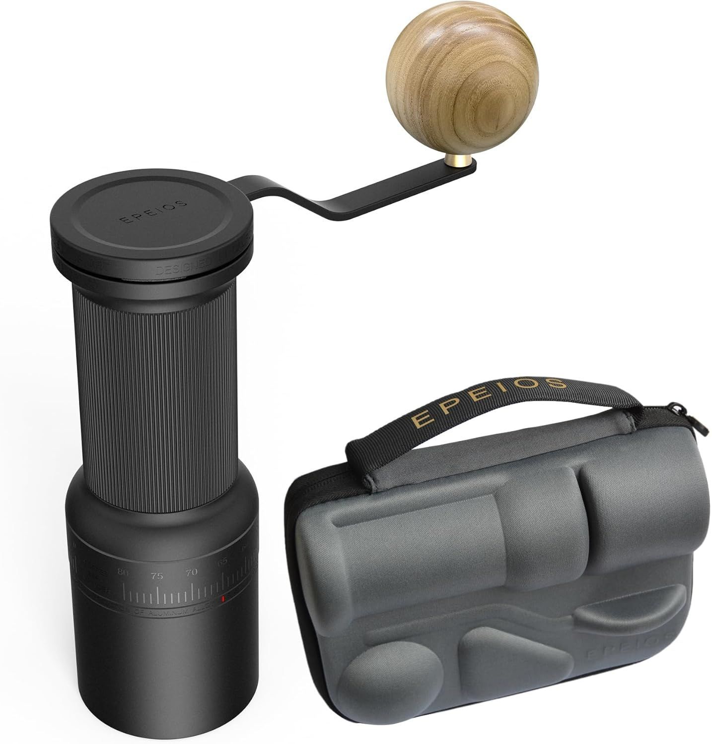 【WBC世界チャンピオン井崎英典監修】手動コーヒーミル ステンレス臼で80段階挽き目調整可能 省力性抜群 超細挽きで均一な粉末 外部調整機能付き ポータブルなデザイン アウトドアやキャンプに最適 携帯用ケース付きでお手入れも簡単 EPEIOS/エペイオス