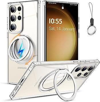 【在庫処分】Galaxy S25 Ultra 用 ケース Magsafe対応【360回転可能な Magsafeリングス・ストラップ1種付き】ギャラクシーS25ウルトラ SC-52E SCG26 5G カバー スタンド機能 縦横両対応 HILEGENE