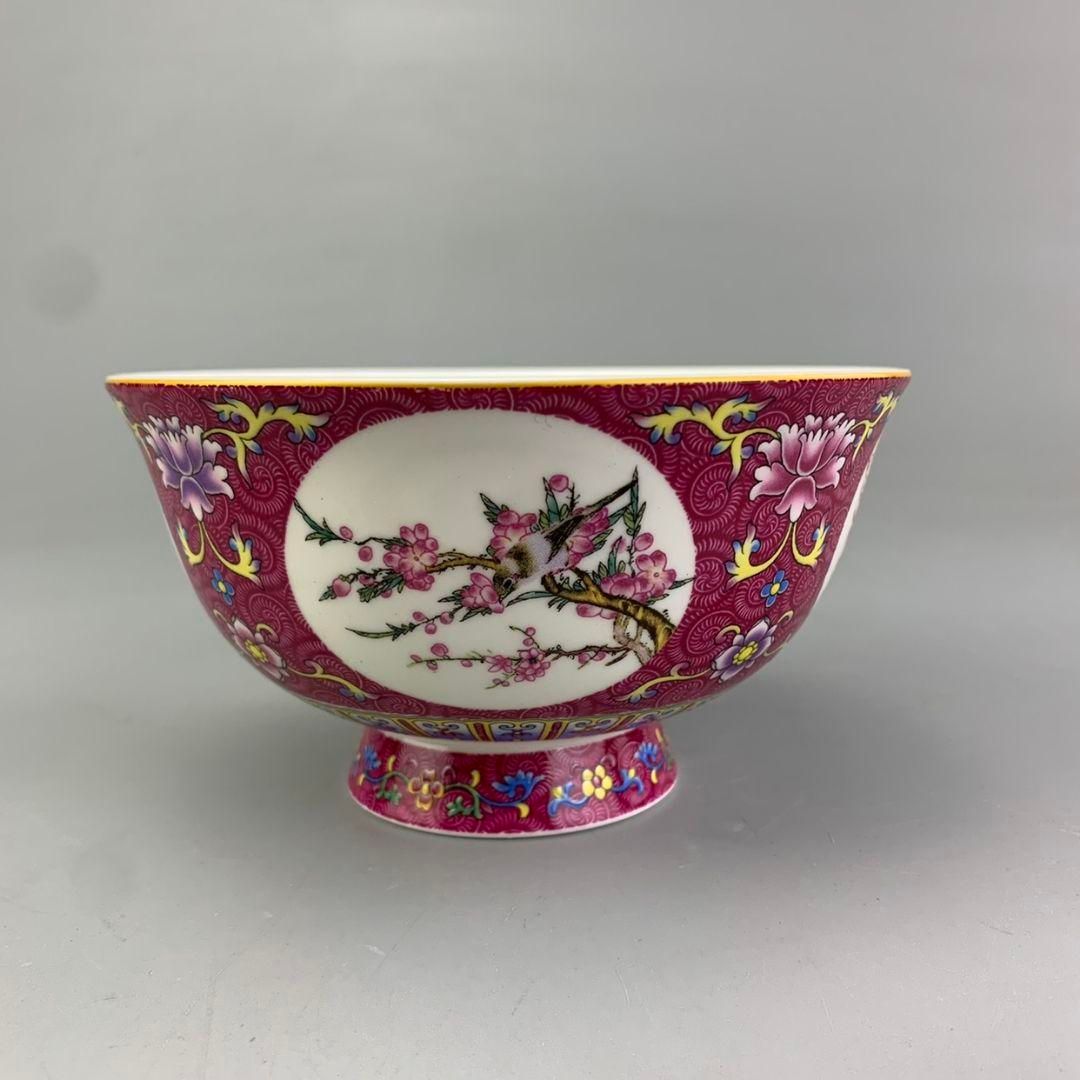 【保証書付】 紅地掻花四季花鳥図碗 中国茶器 飲茶食器 現代工芸品 美術品 工芸品