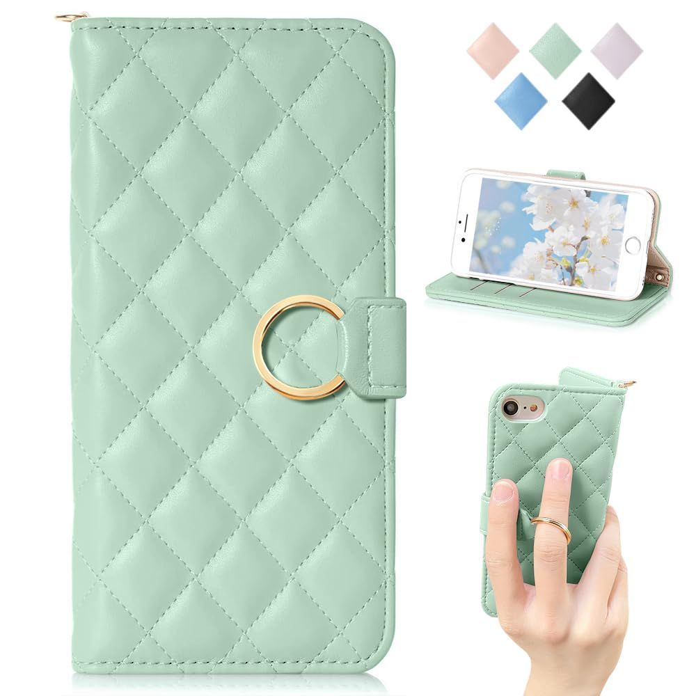 MAGICASE FOR iPhonese第2世代/第3世代 ケース 手帳型 iphone se ケース 手帳型 iphone8 ケース 手帳型 女性 アイフォン 8 スマホ 携帯ケース リング付きチェック柄 刺繍 あいふぉん7 手帳カバー アイフ