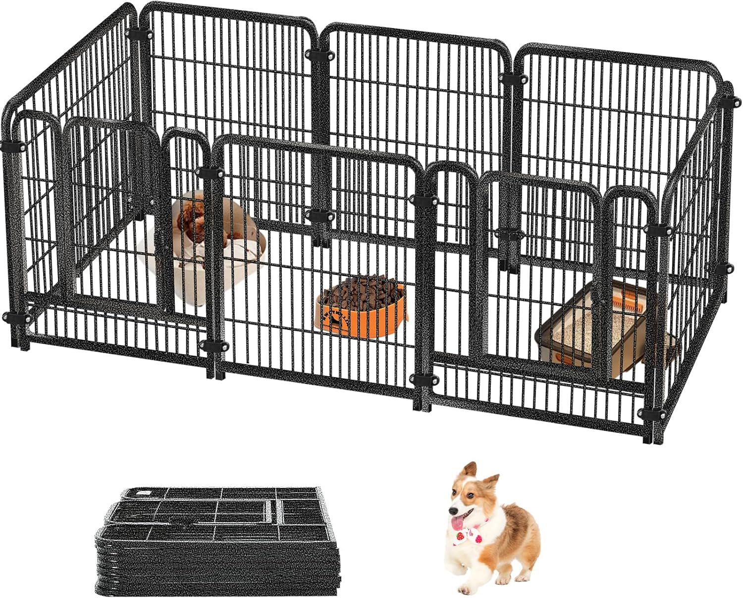 Areden ペットサークル ペットフェンス 犬 サークルケージ ドア付き 2つのドア 180x60x70cm 8枚 シルバーブラック 折りたたみ 栅 組立簡単 レイアウト自由 トイレトレーニング 脱走防止 自立 ケージ 犬用 小型犬 中型犬 大型犬