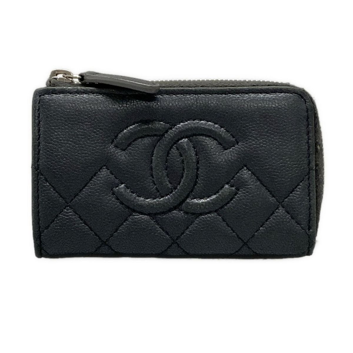 CHANEL シャネル コインケース マトラッセ ダークグレー L字ファスナー|キーリング付き|ココマーク|シルバー金具 ラムスキン