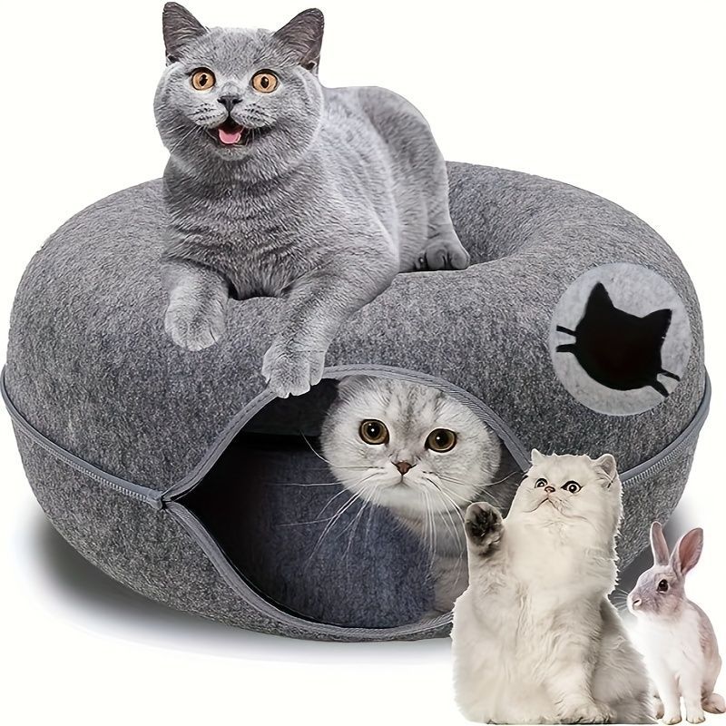 猫 キャット クッション ベッド ドーナツ型 トンネル 隠れ家 巣 室内用 遊び 遊具 羊毛フェルト ダークグレー ライトグレー ペット シンプル インテリア アクセサリー