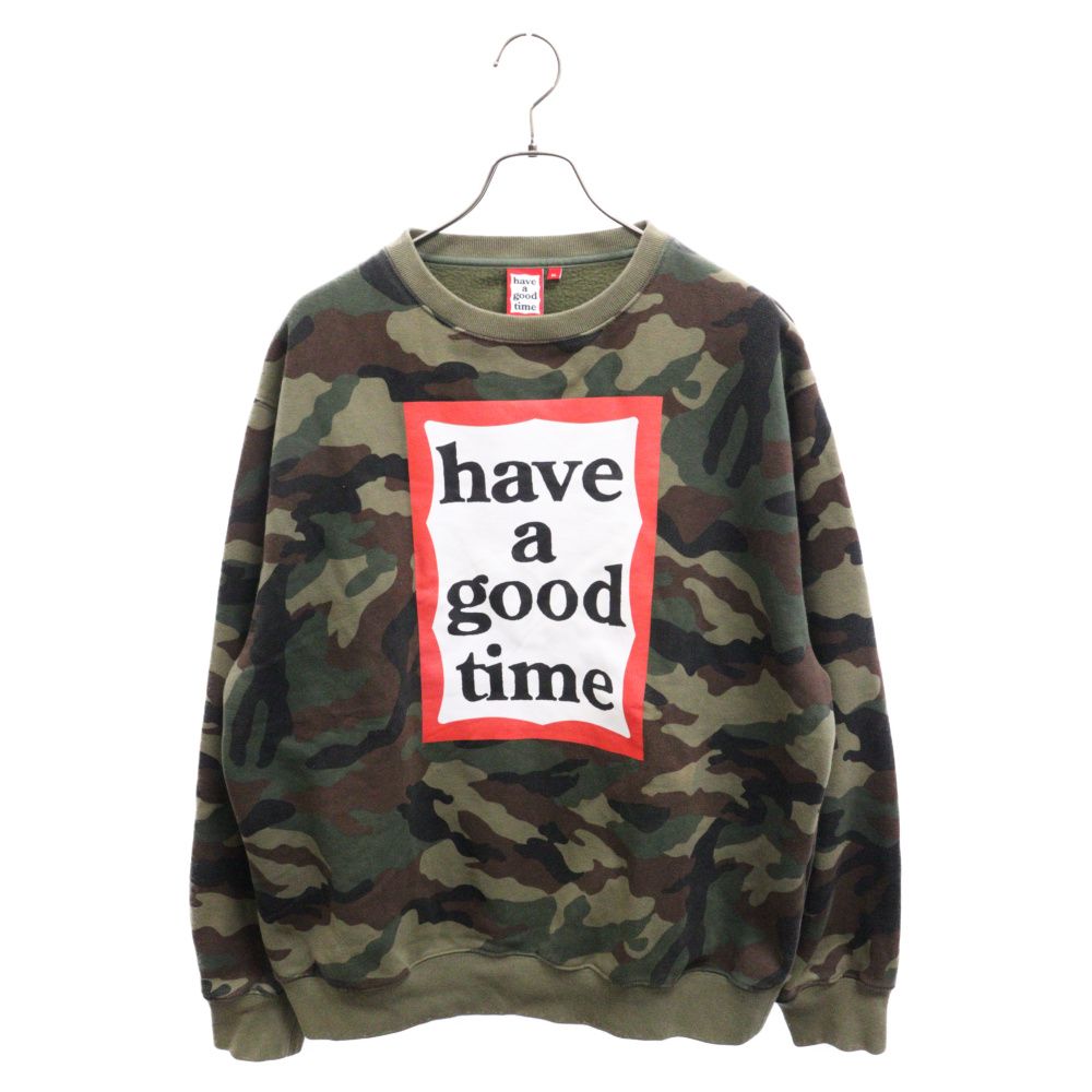 have a good time (ハブアグッドタイム) Frame Crewneck フレーム ロゴプリント クルーネックスウェットトレーナー カモ柄 グリーン