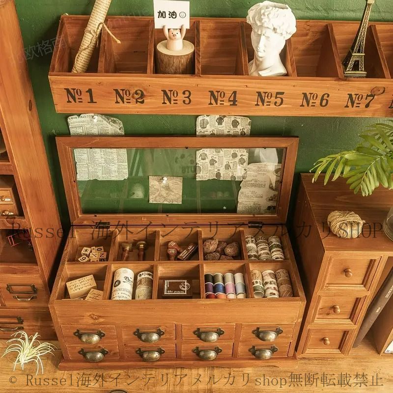 レアな小物入れ✨ヴィンテージ引き出し小物ケース刺繍糸ボタン整理お部屋のインテリア 収納ボックス ヴィンテージ調 木製 引き出し付き 多層ガラス製