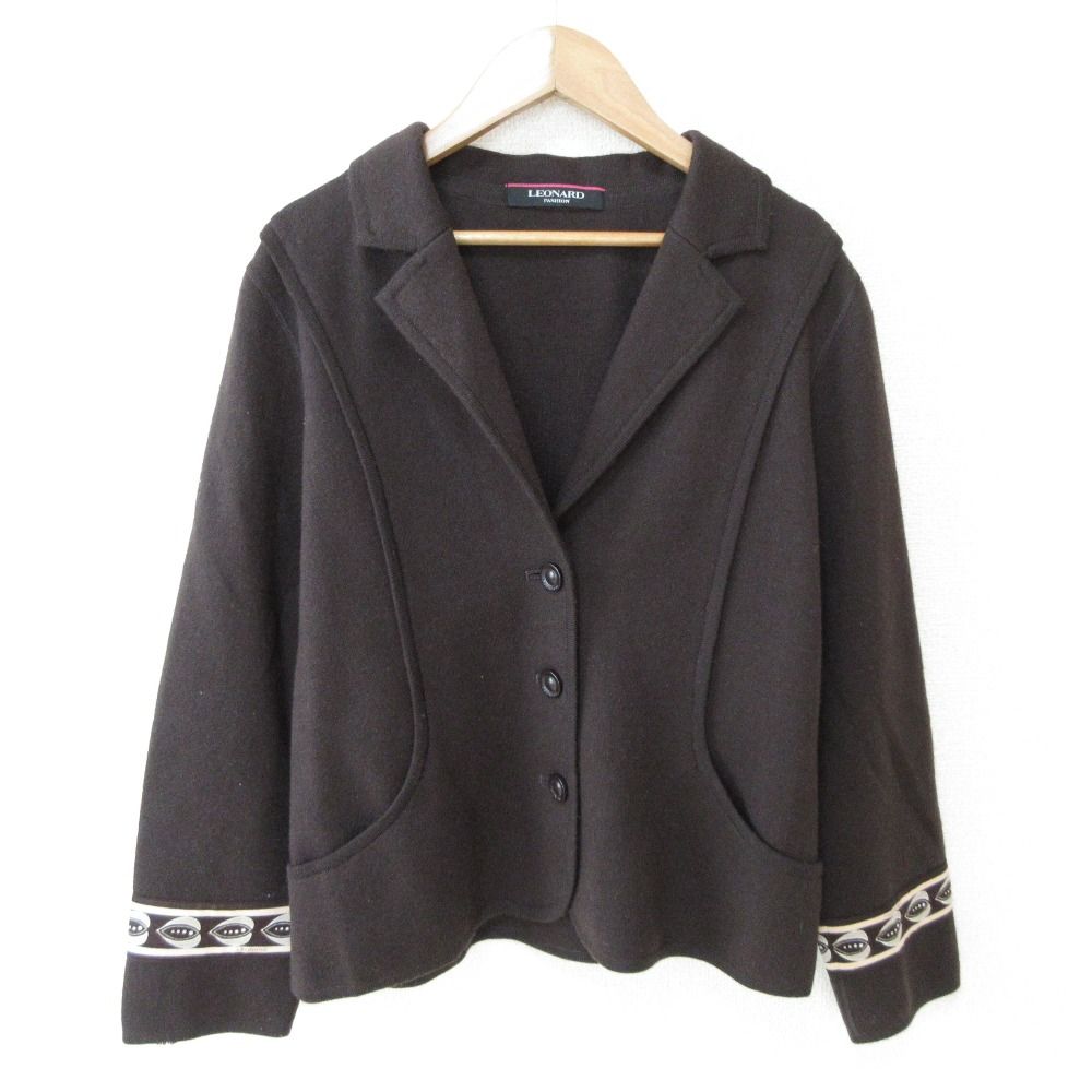 近年美品　LEONARD レオナール ウール　ニットジャケット　アウター　42 LEONARD レオナール ウールニット ジャケット 42 ブラウン レディース