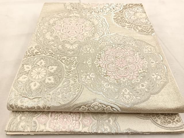 西陣 洛陽織物 絽 唐織 六通柄 袋帯 夏帯 ピュアアイボリー 鱗 花文様 美品 西陣 洛陽織物 絽 唐織 六通柄 袋帯 夏帯 ピュアアイボリー 鱗 花文様