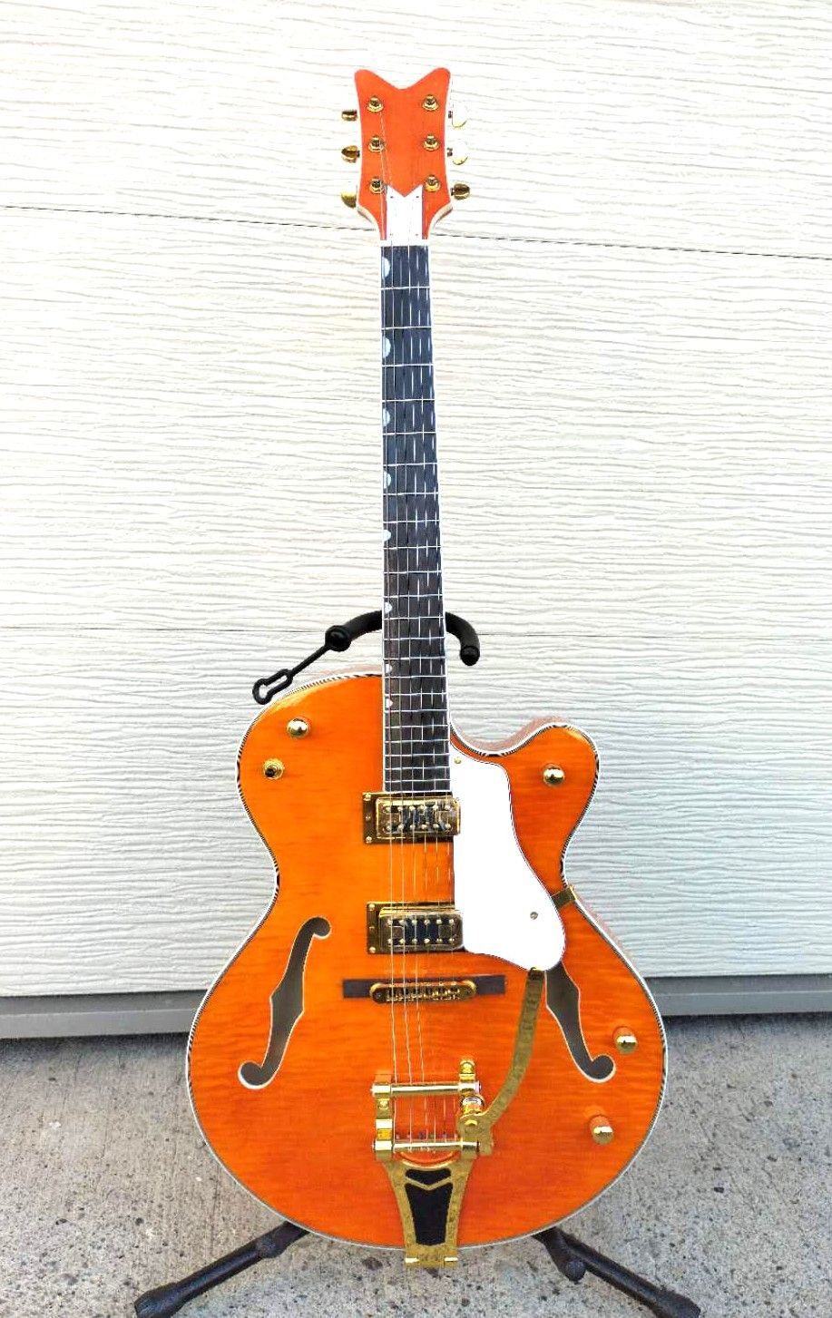 フルアコアーチトップギター①オレンジ虎目トレモロアームステンレス