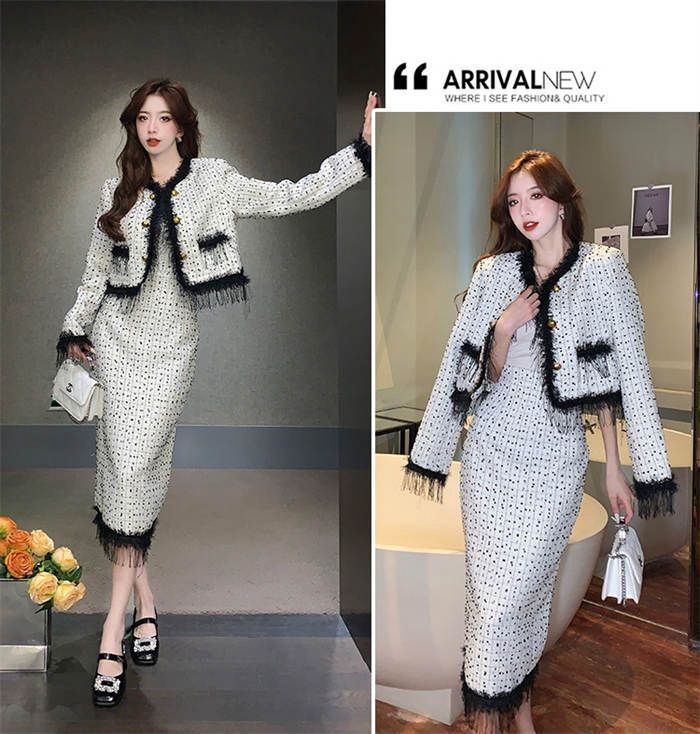 セットアップ スカートスーツ ツイード レディース スーツ ツイードジャケット ノー ジャケット スカート フォーマルスーツ ドレス ママスーツ 上下セット 2点セット 長袖 ノー タイトスカート ゴールドボタン xzzhang100