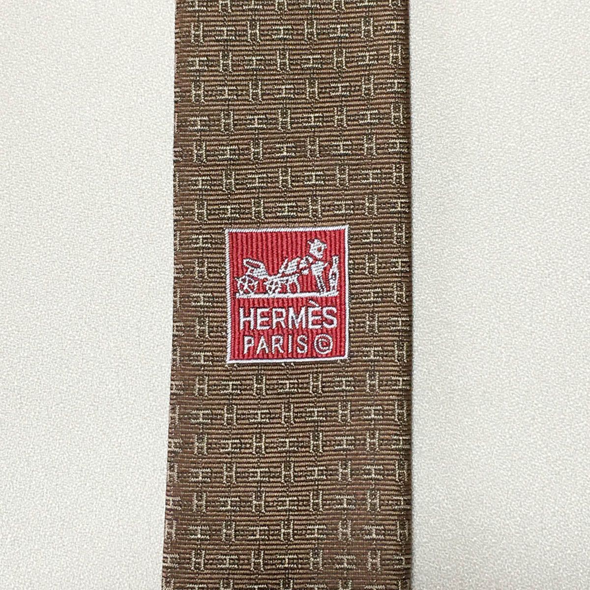 美品 エルメス HERMES ネクタイ シルク100% フランス製 ブラウン