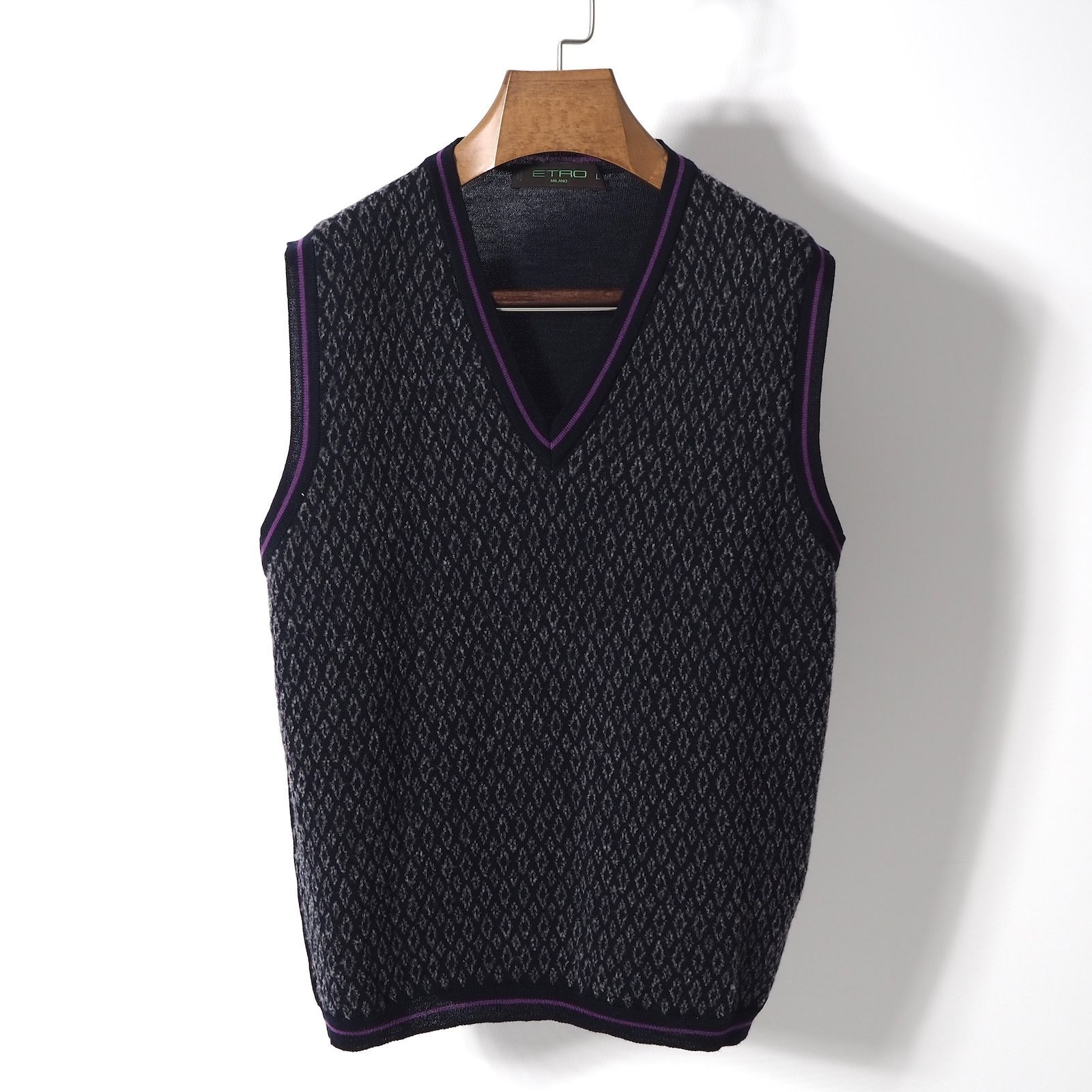 美品 エトロ ETRO イタリア製 ウール ニット セーター ベスト 3 ネイビー メンズ 正規品 4-CL022